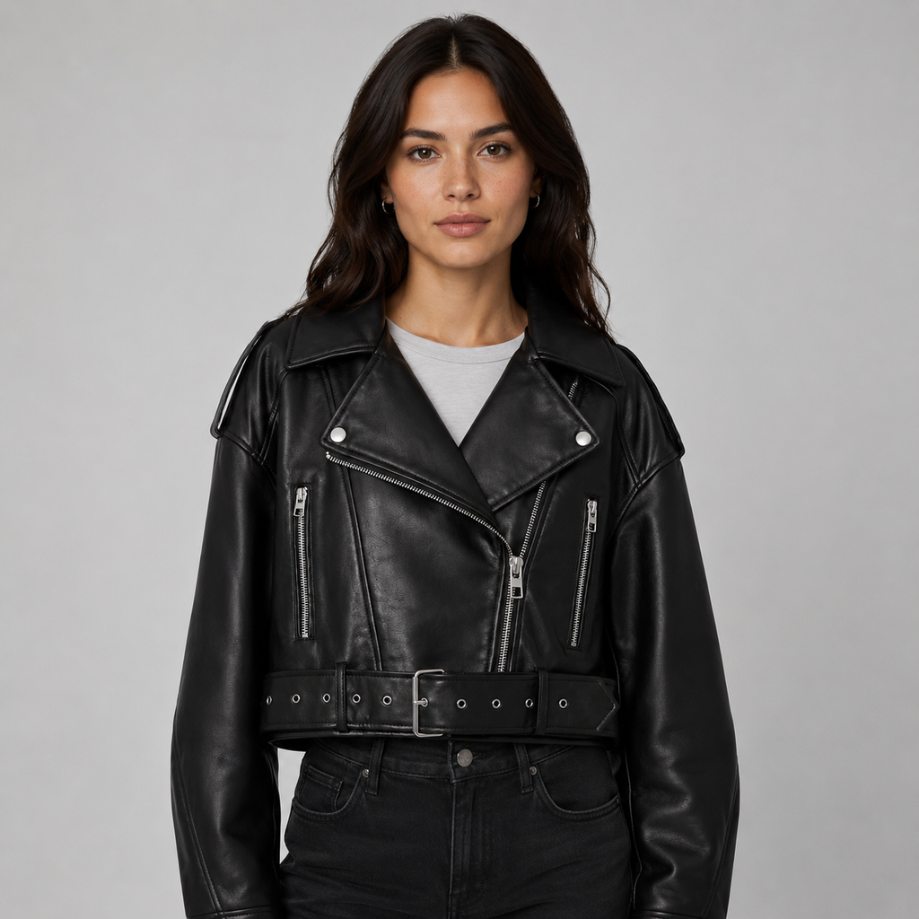 Woman wearing black belted leather-look biker jacket with zipper details and white t-shirt underneath against gray background