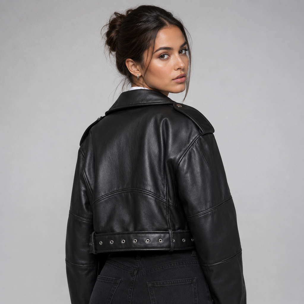 Woman wearing black belted leather-look biker jacket, back view, standing against neutral gray background