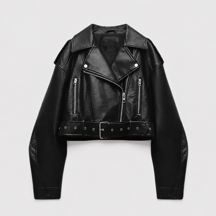 Black cropped leather biker jacket with belted waist, silver zippers, and notched collar displayed on neutral background