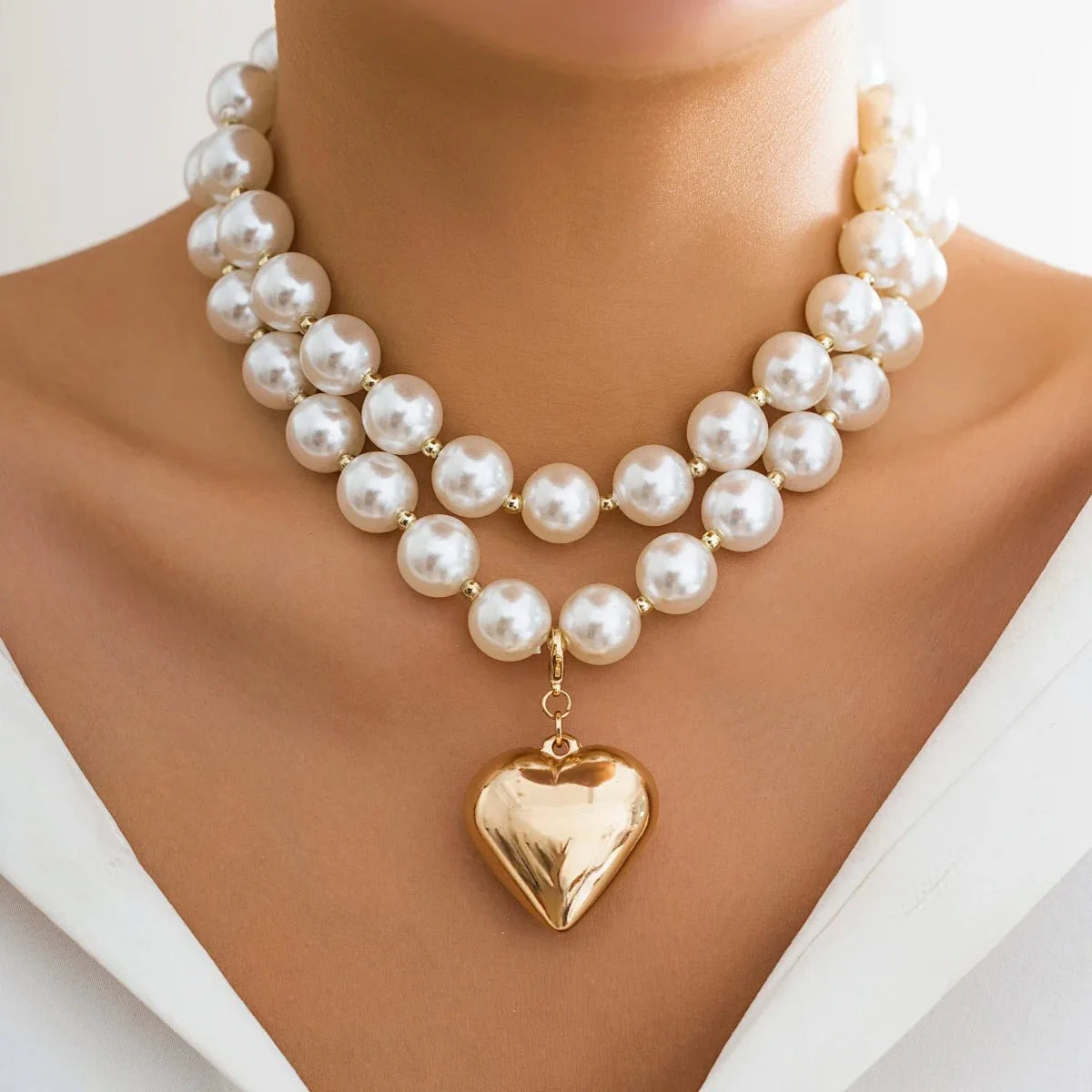 Rhona Pearl Layered Bold Heart Necklace