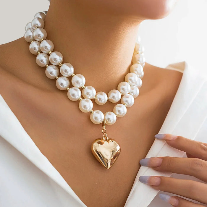 Rhona Pearl Layered Bold Heart Necklace