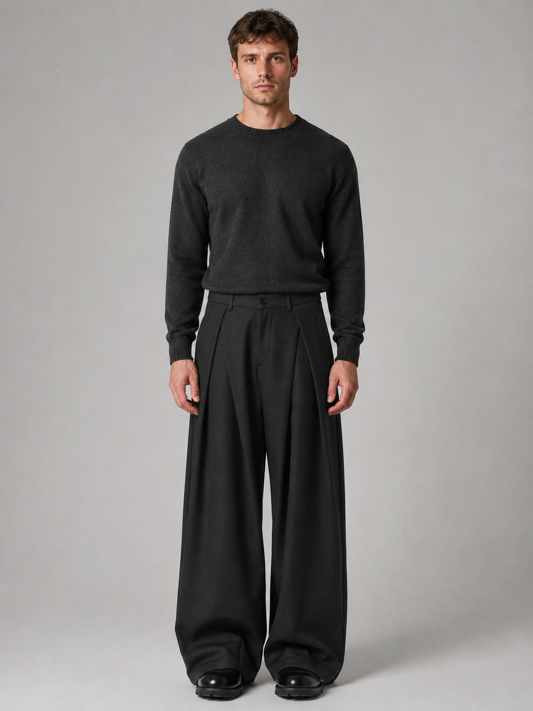 Man wearing dark charcoal crew neck sweater and black pleated wide leg tailored trousers with lug sole shoes against gray background