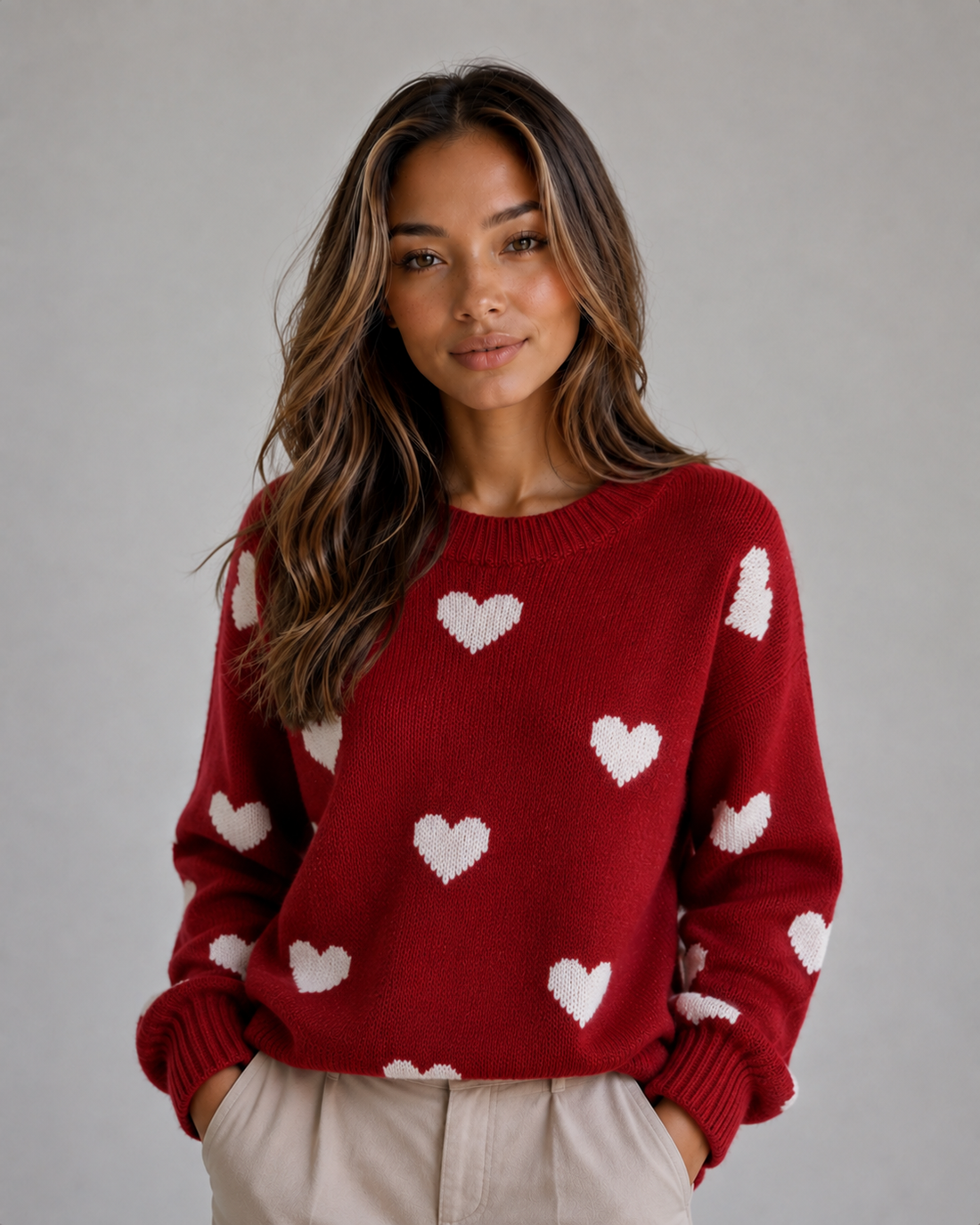 Woman wearing red crew neck sweater with white heart pattern throughout, paired with cream pants