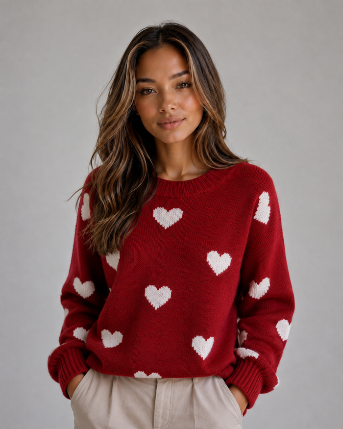 Woman wearing red crew neck sweater with white heart pattern throughout, paired with cream pants