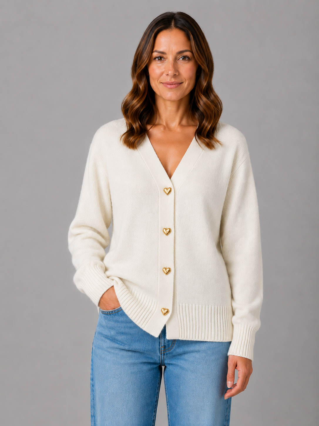 Woman wearing cream knit cardigan with gold heart-shaped buttons over blue jeans against gray background