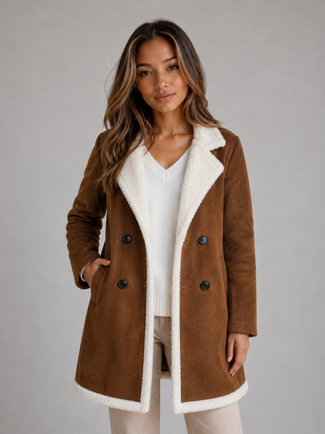 Woman wearing brown suede coat with white sherpa lining and collar, double-breasted buttons, paired with white sweater