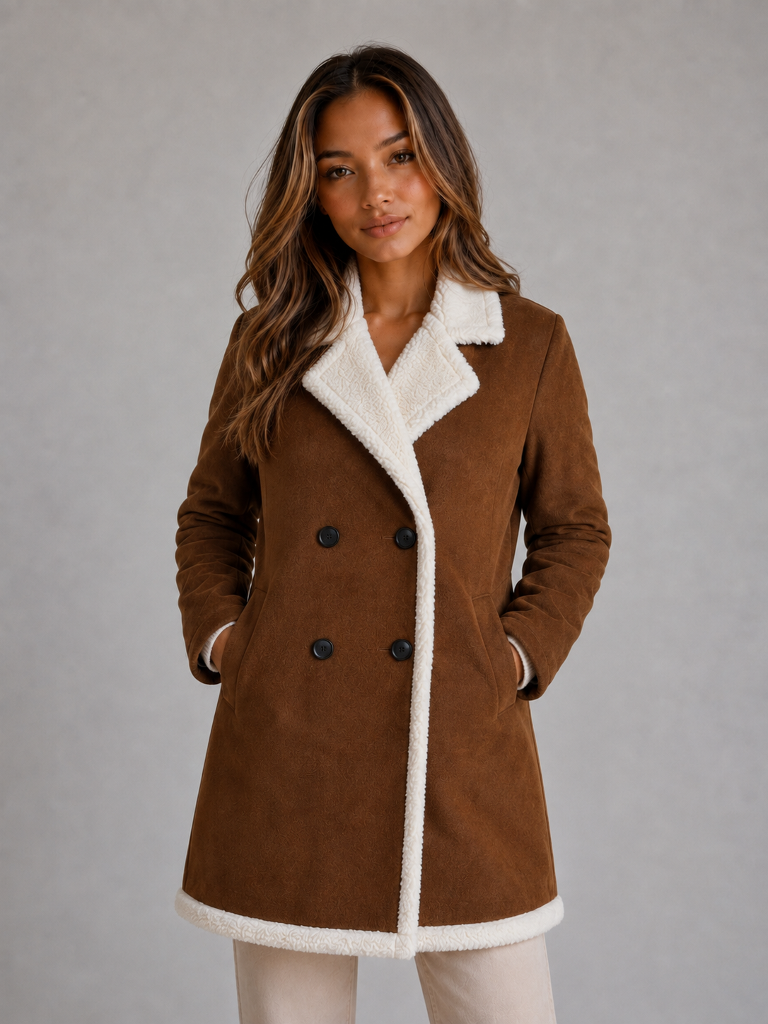 Woman wearing brown double-breasted longline coat with white shearling trim collar, cuffs and hem