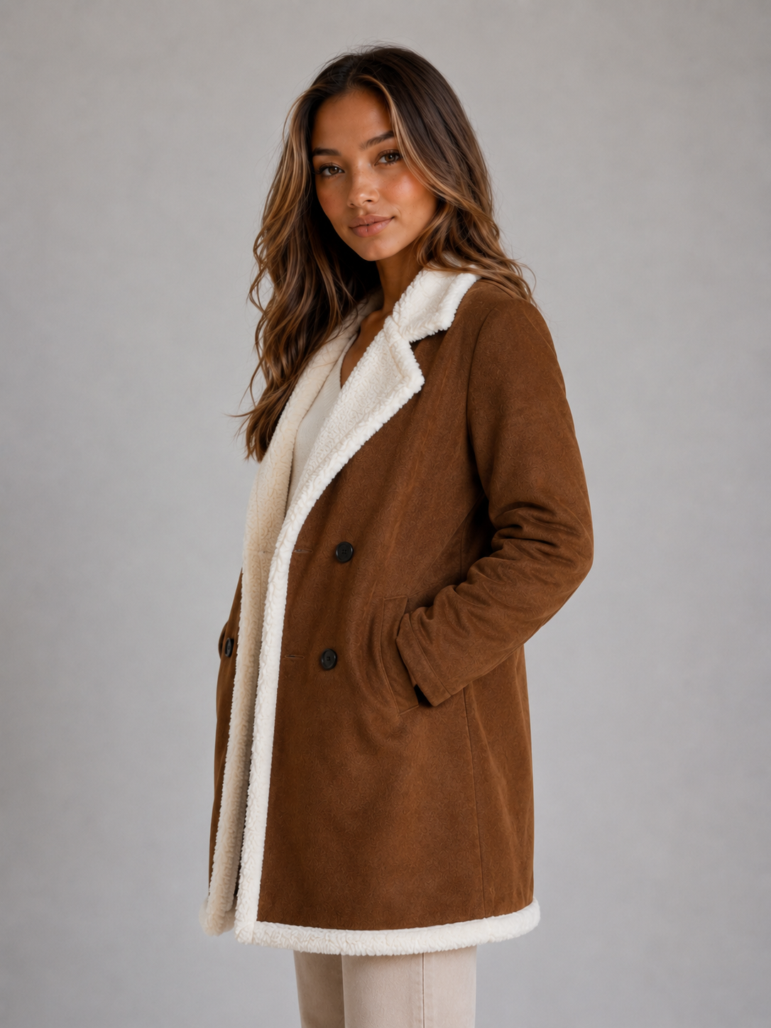 Woman wearing brown suede longline coat with white sherpa collar and trim, double-breasted buttons, casual pose against gray background