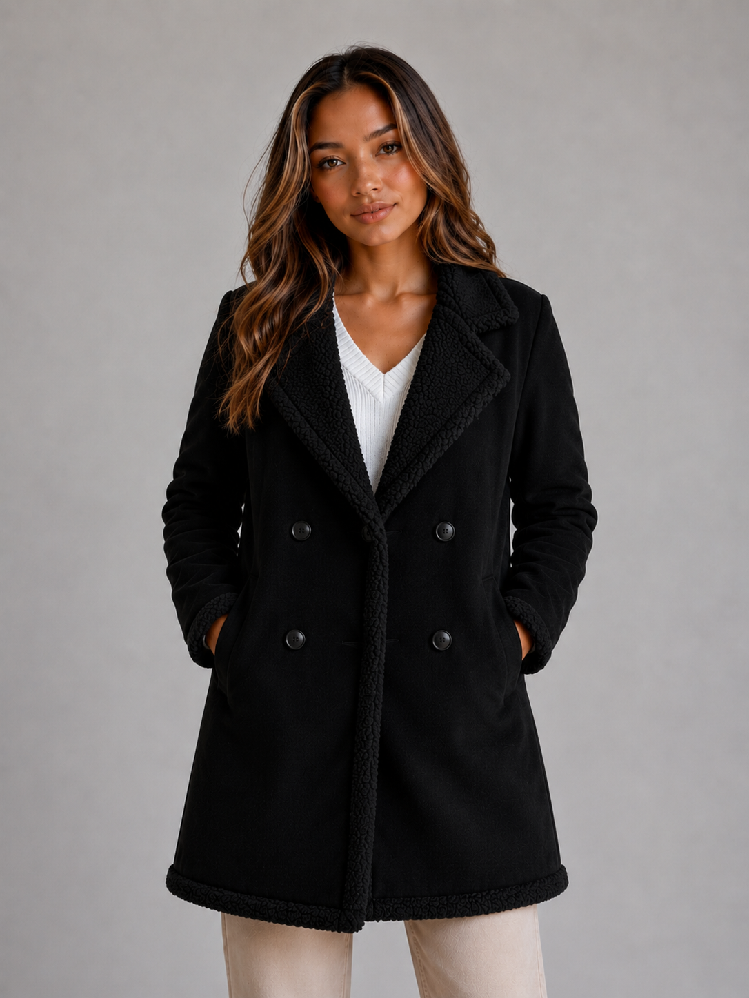 Woman wearing black longline shearling suede coat with teddy trim collar and double-breasted buttons over white ribbed top