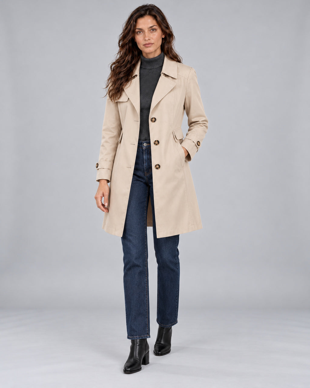 Women's Classic Button Up Trench Coat with Lapel Collar — Beige Angle, Andrea