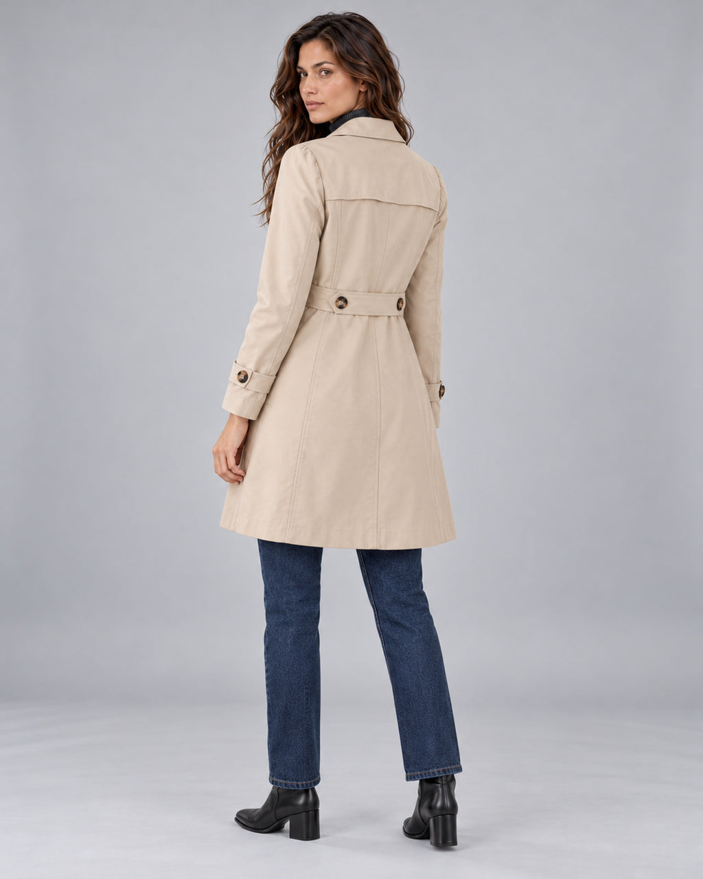 Women's Classic Button Up Trench Coat with Lapel Collar — Beige Back, Andrea