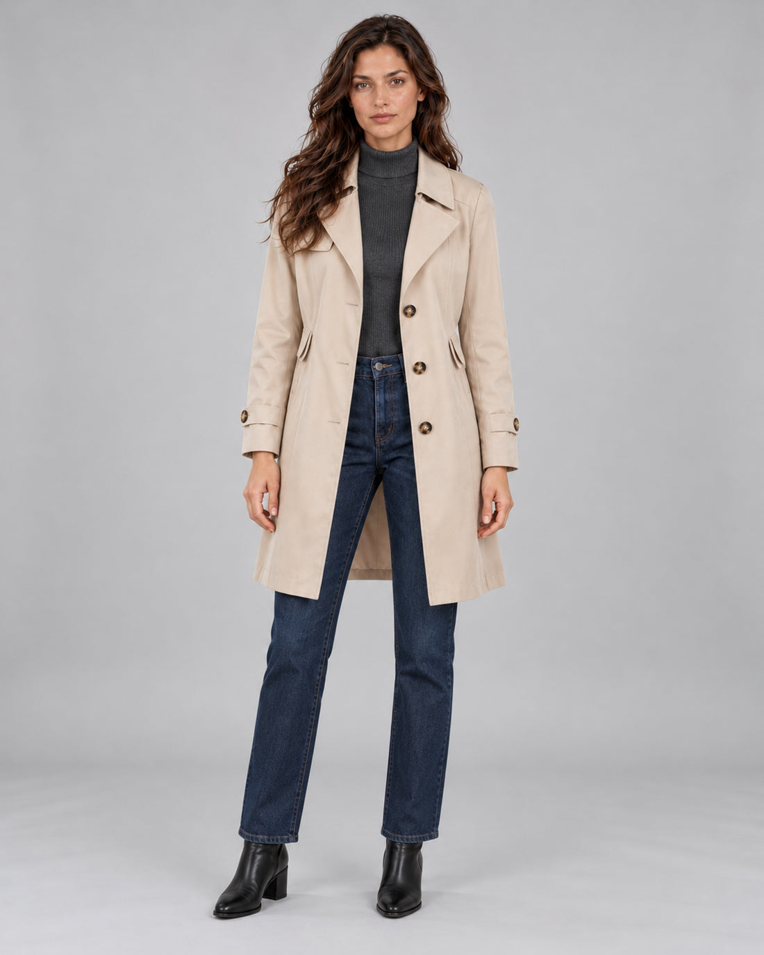 Women's Classic Button Up Trench Coat with Lapel Collar — Beige Front, Andrea