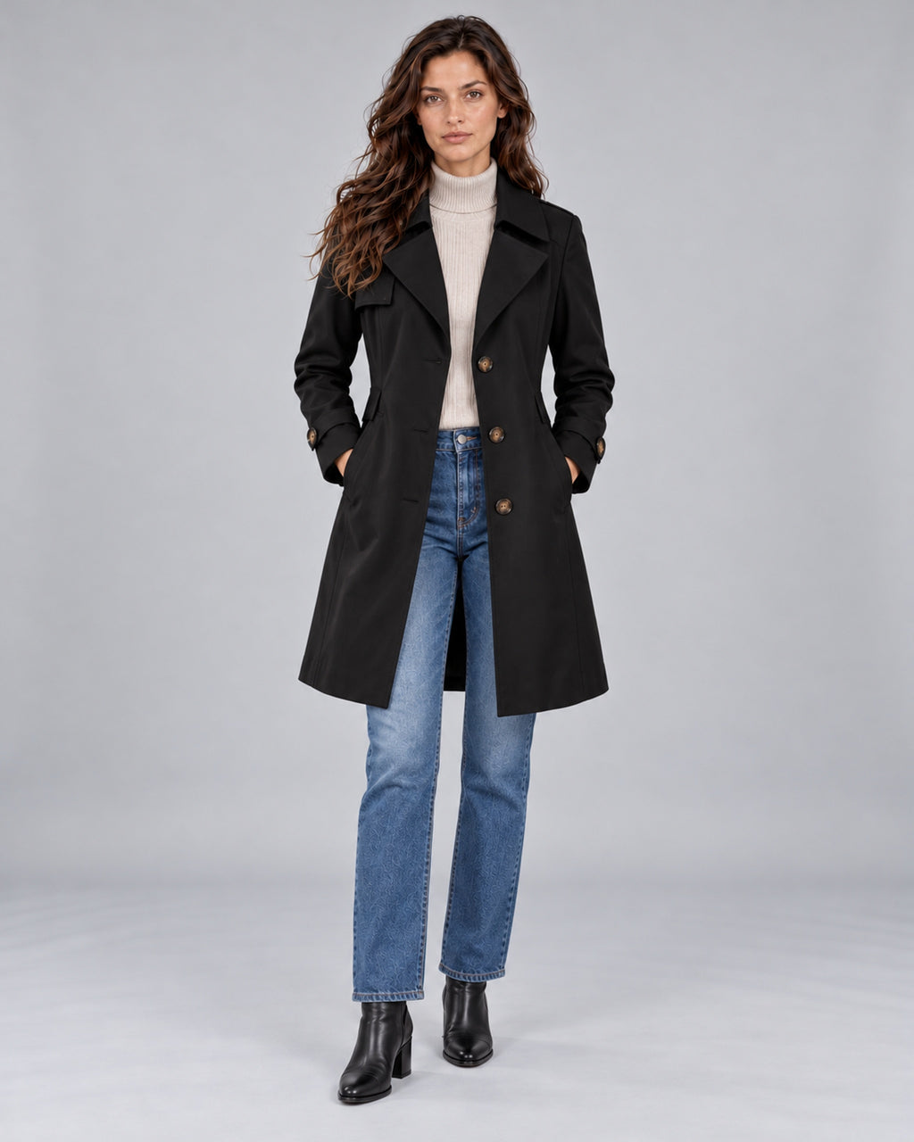 Women's Classic Button Up Trench Coat with Lapel Collar — Black Front, Andrea