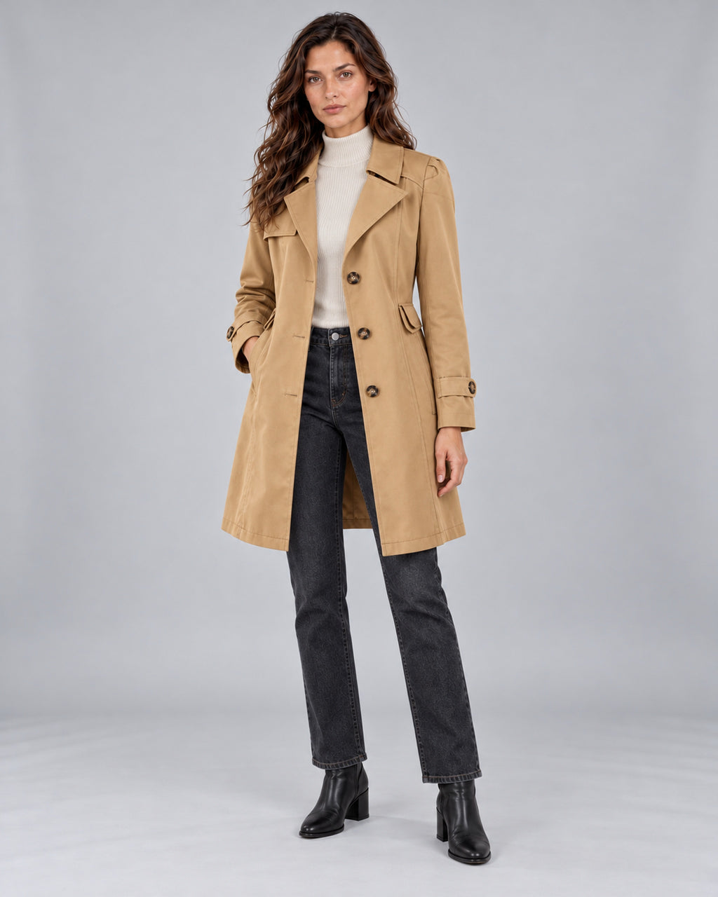 Women's Classic Button Up Trench Coat with Lapel Collar — Khaki Front, Andrea