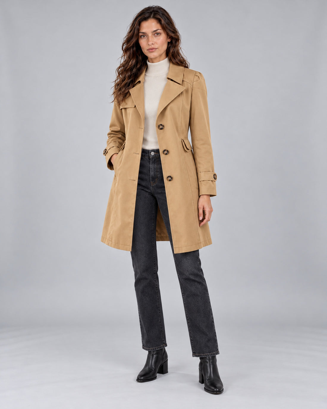 Women's Classic Button Up Trench Coat with Lapel Collar — Khaki Front, Andrea
