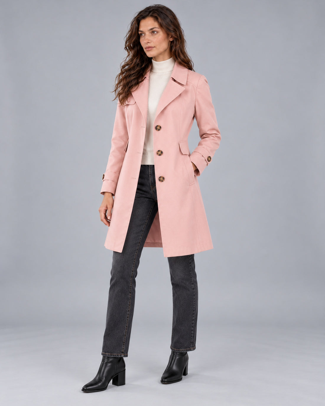 Women's Classic Button Up Trench Coat with Lapel Collar — Pink Front, Andrea