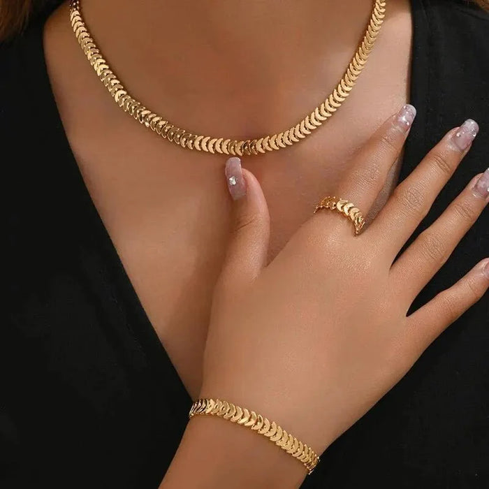 Saoirse Classy Fishbone Necklace, Bracelet, and Ring Set