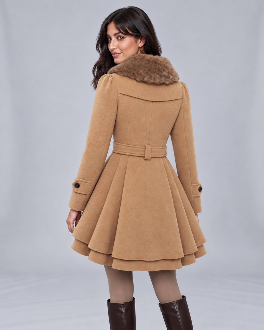 Jasmine wearing Beige Claudia trench coat, back view with consistent hair length on the saved studio backdrop