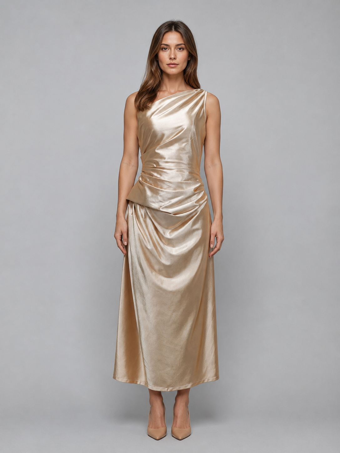 Woman wearing champagne satin one-shoulder ruched midi dress with draped detailing and pointed toe heels