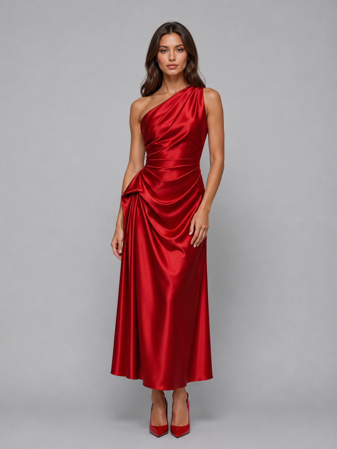 Woman wearing red satin one-shoulder ruched evening midi dress with coordinating red heels against gray background