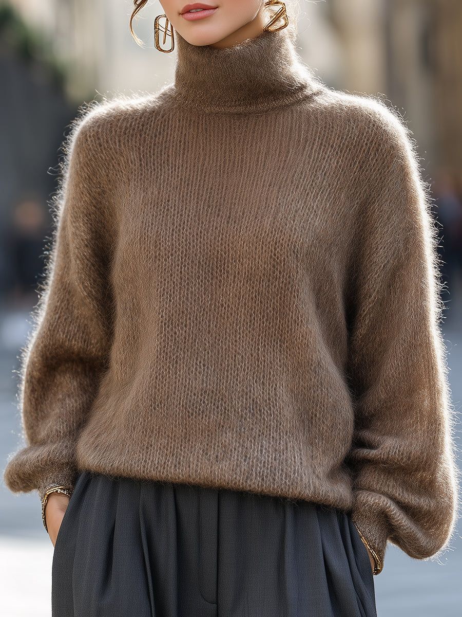Woman wearing oversized beige mohair-blend turtleneck sweater with dark pleated skirt and gold hoop earrings