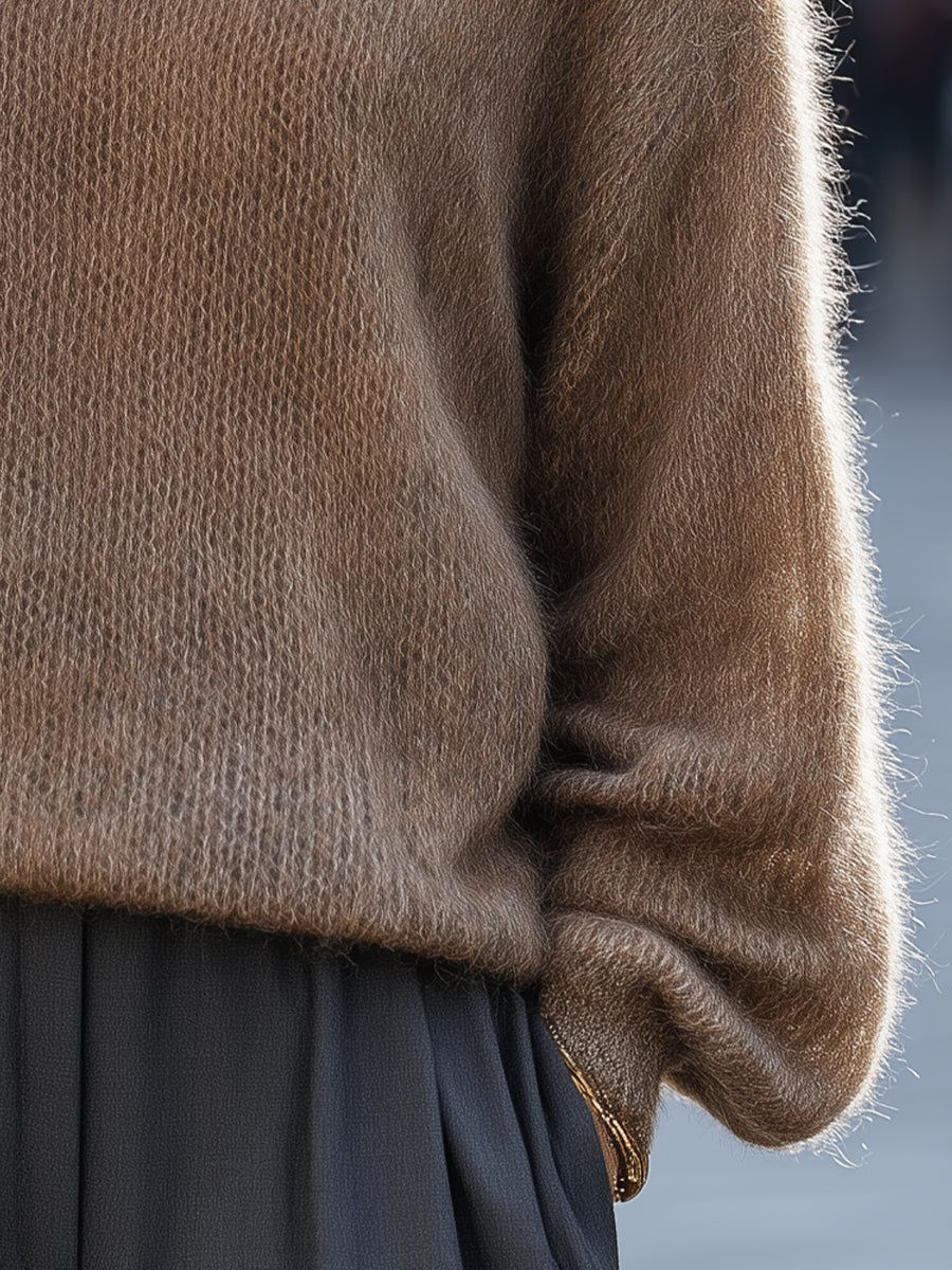 Oversized soft mohair-blend turtleneck sweater in beige with ribbed cuffs, worn over dark pleated skirt