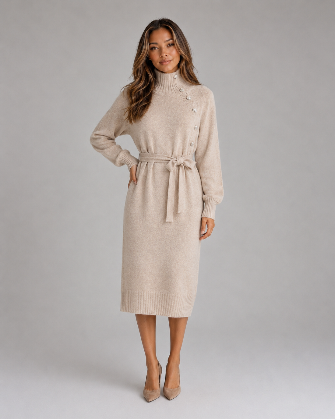 Woman wearing beige roll neck cotton knit midi dress with belt, long sleeves, and button detail