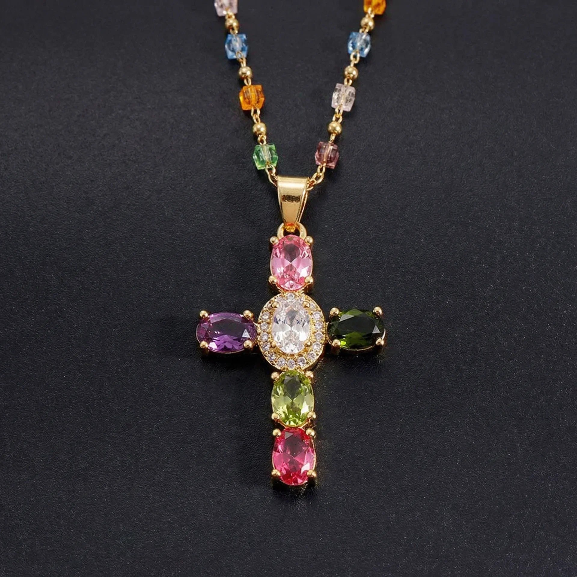 Chloe Dainty Gem Set Colorful Cross Necklace