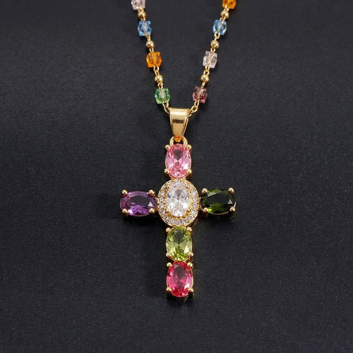 Chloe Dainty Gem Set Colorful Cross Necklace