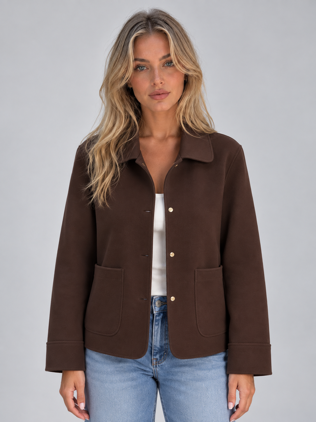 Woman wearing brown button-up collared overshirt jacket with patch pockets over white shirt and blue jeans