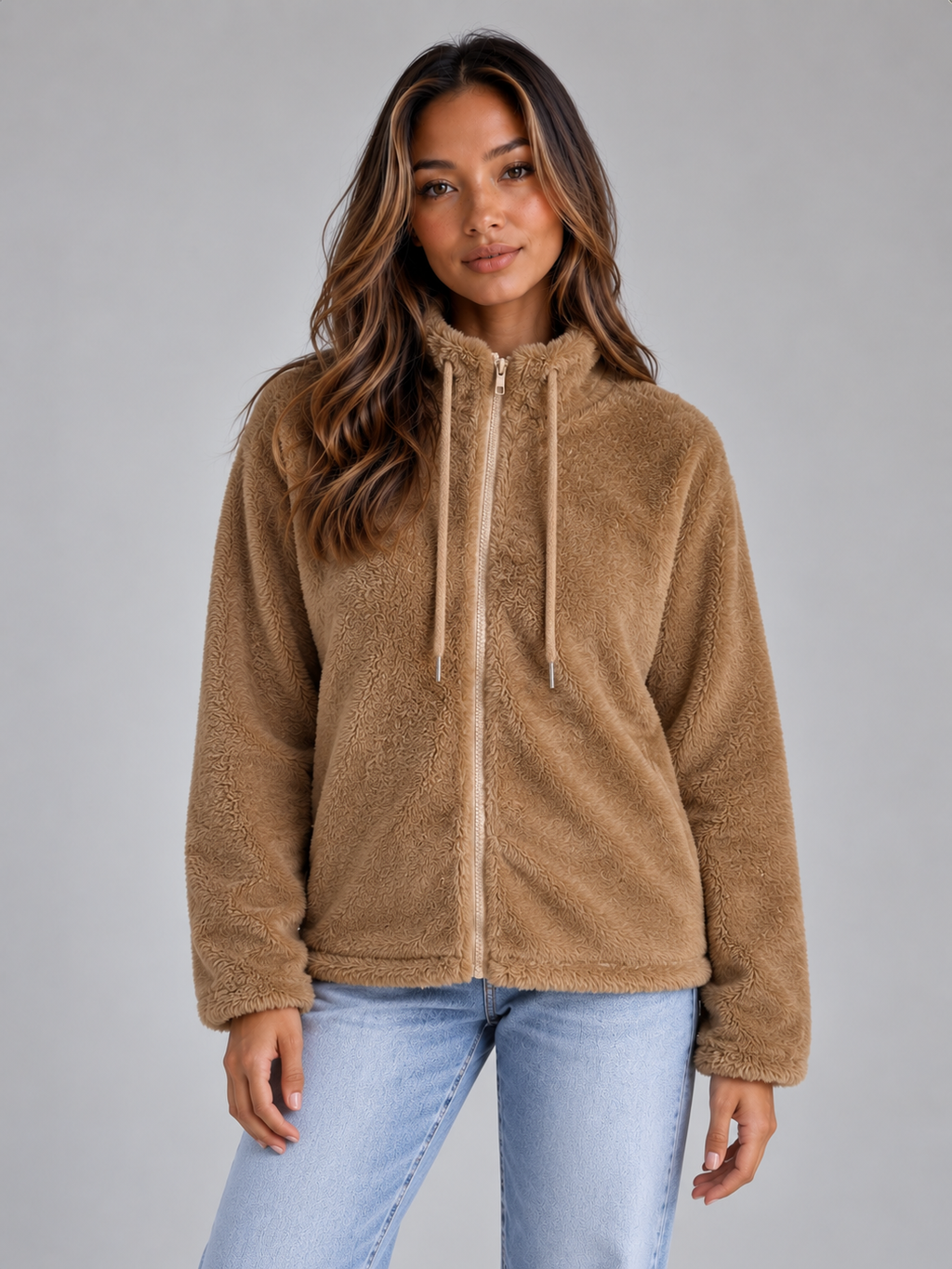 Woman wearing tan teddy fleece zip-up jacket with hoodie over light blue jeans against gray background