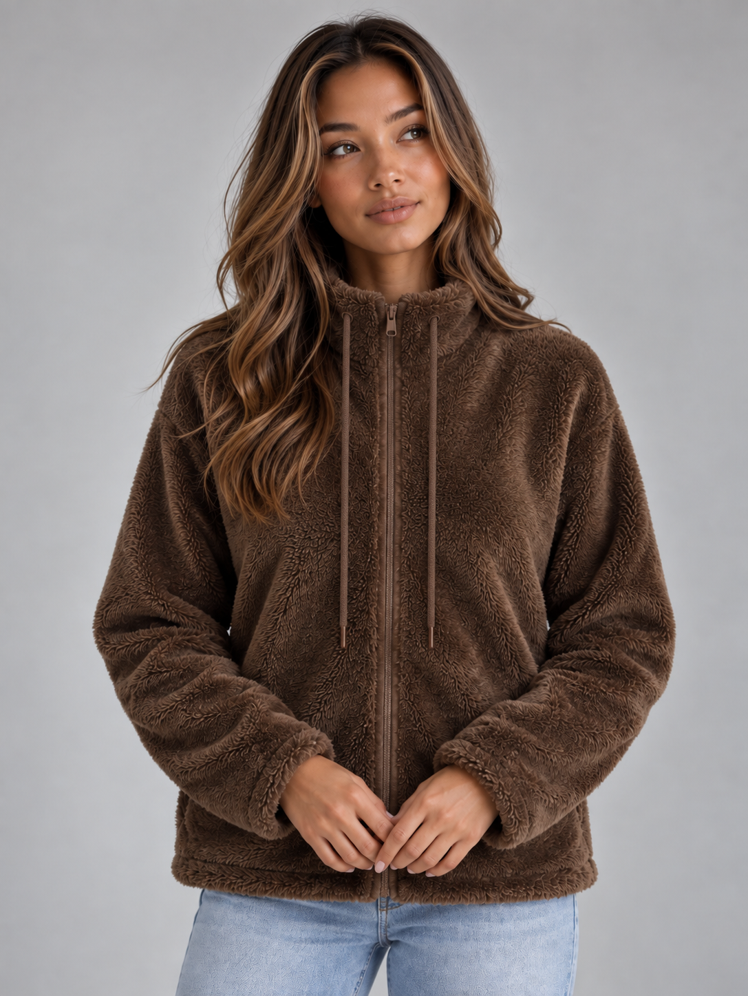 Woman wearing brown soft teddy fleece zip-up jacket with high neck over light blue jeans against gray background