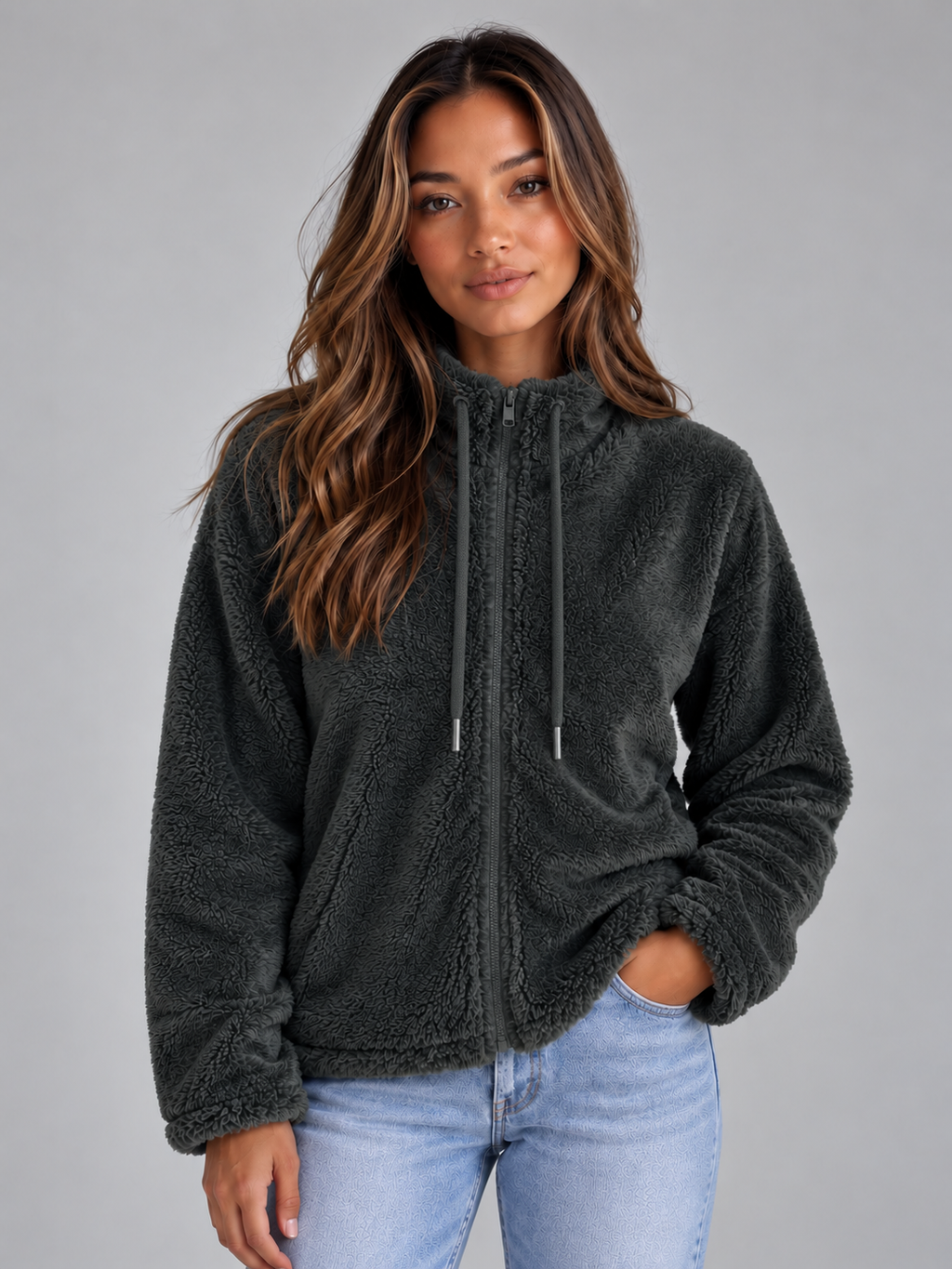 Woman wearing charcoal gray soft fleece zip-up hoodie jacket with high neck over light blue jeans