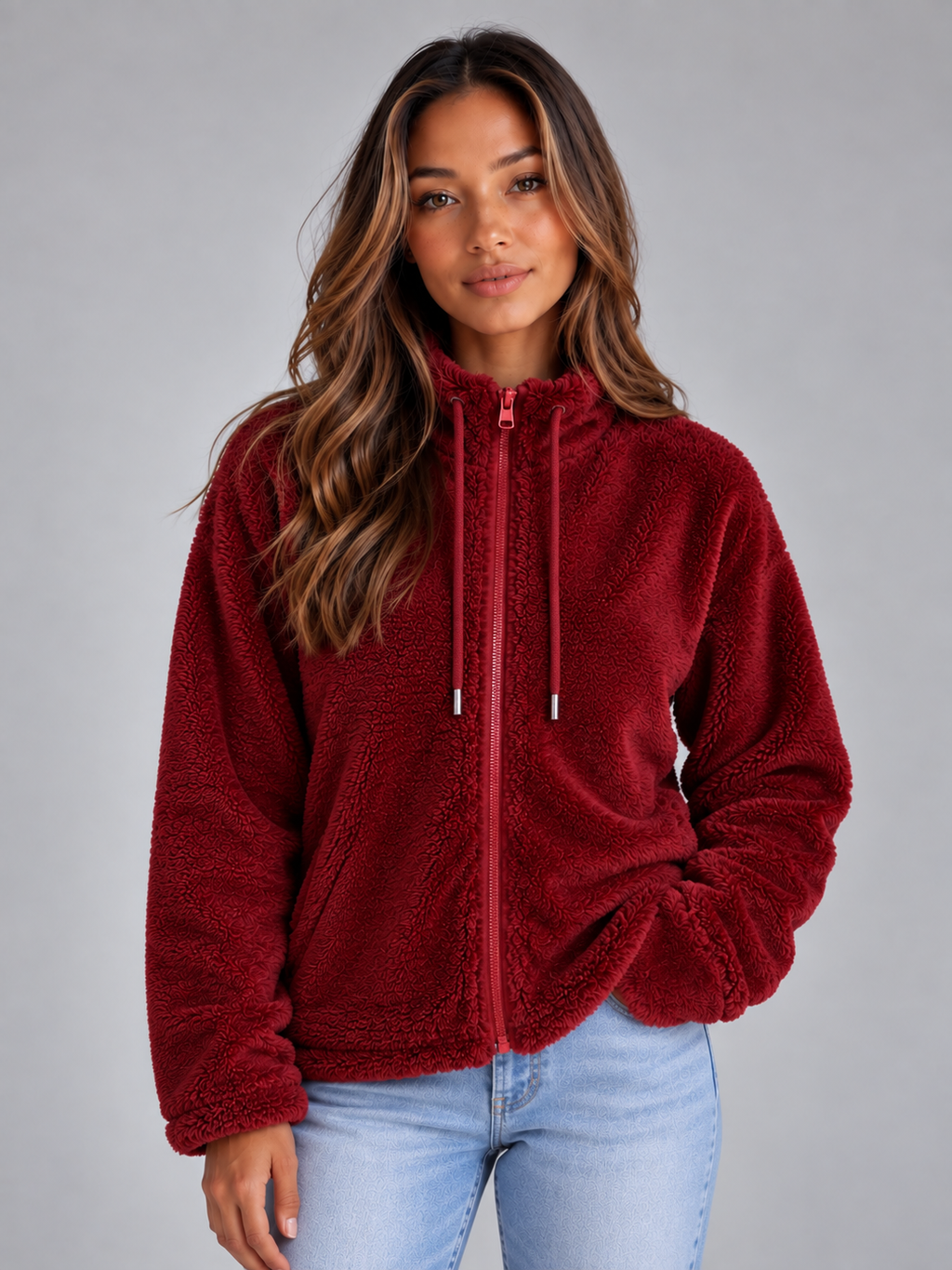 Woman wearing burgundy soft teddy fleece zip-up jacket with high neck and drawstring hood over light blue jeans