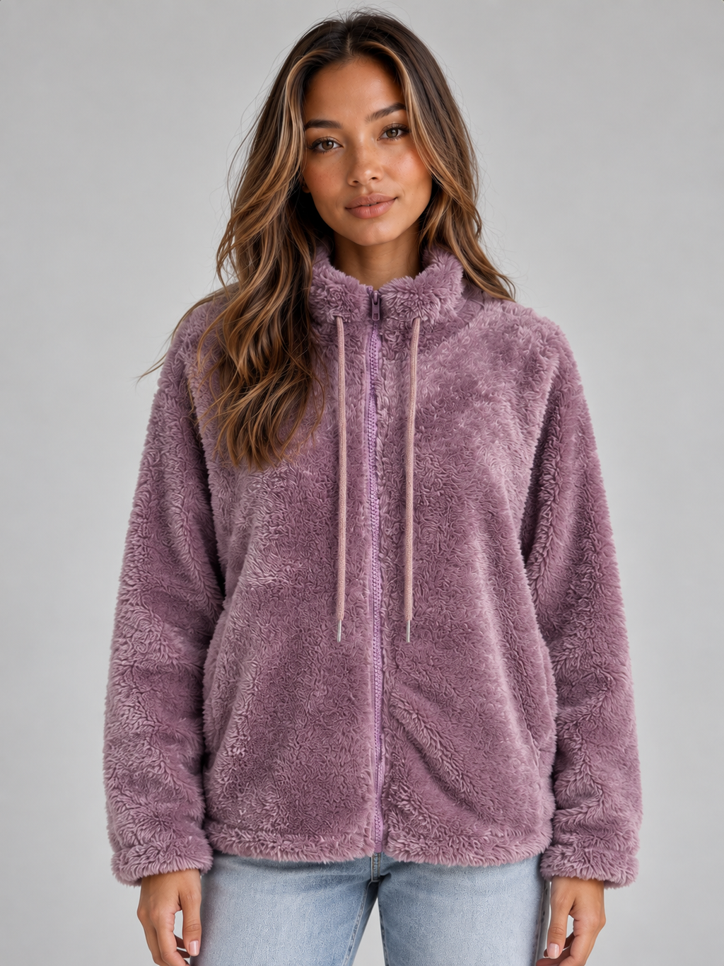 Woman wearing purple soft fleece zip-up jacket with high neck and hood over light blue jeans