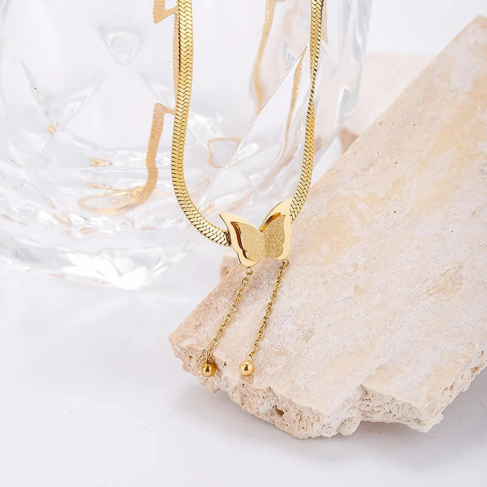 Ailsa Dainty Herringbone Butterfly Drop Necklace