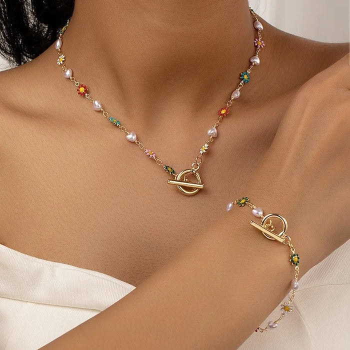Danica Floral Pearls Bracelet and Necklace Set