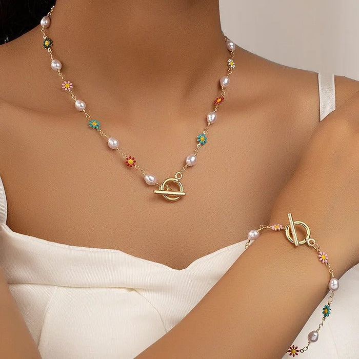 Danica Floral Pearls Bracelet and Necklace Set