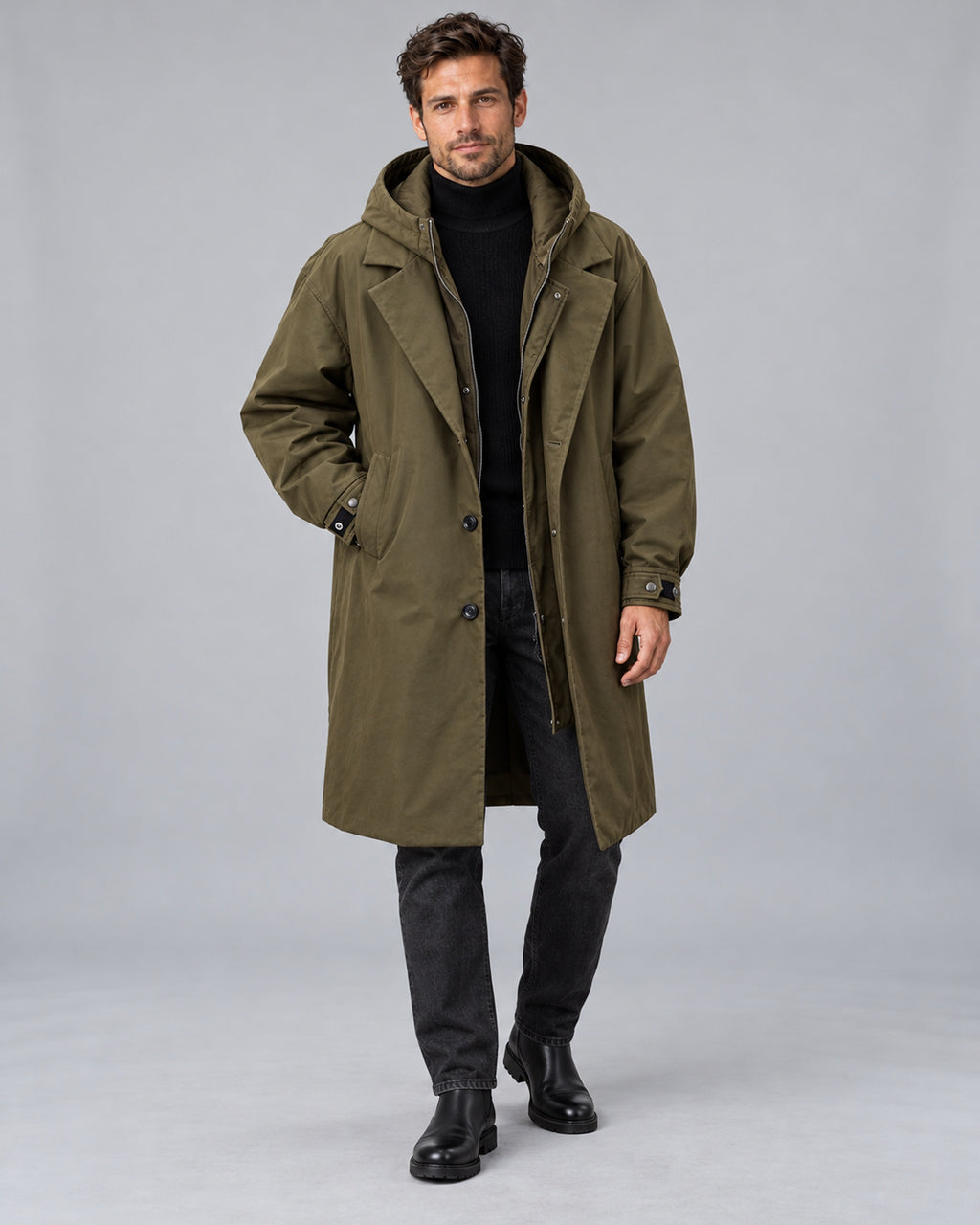Men's Hooded Longline Trench Coat with Lapel Collar — Army Green Front, Male Model A