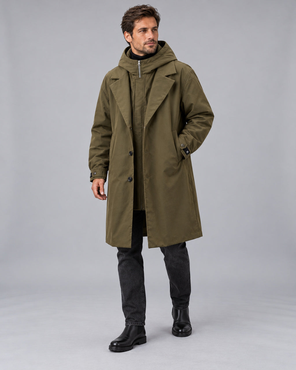 Men's Hooded Longline Trench Coat with Lapel Collar — Army Green Zipped, Male Model A