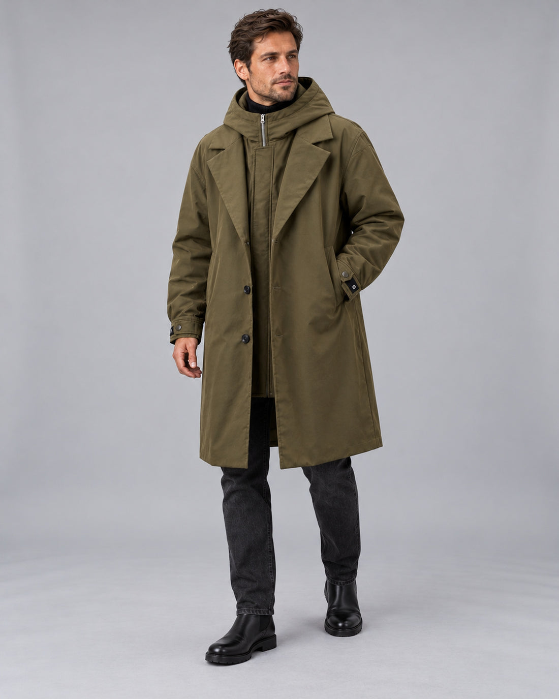Men's Hooded Longline Trench Coat with Lapel Collar — Army Green Zipped, Male Model A