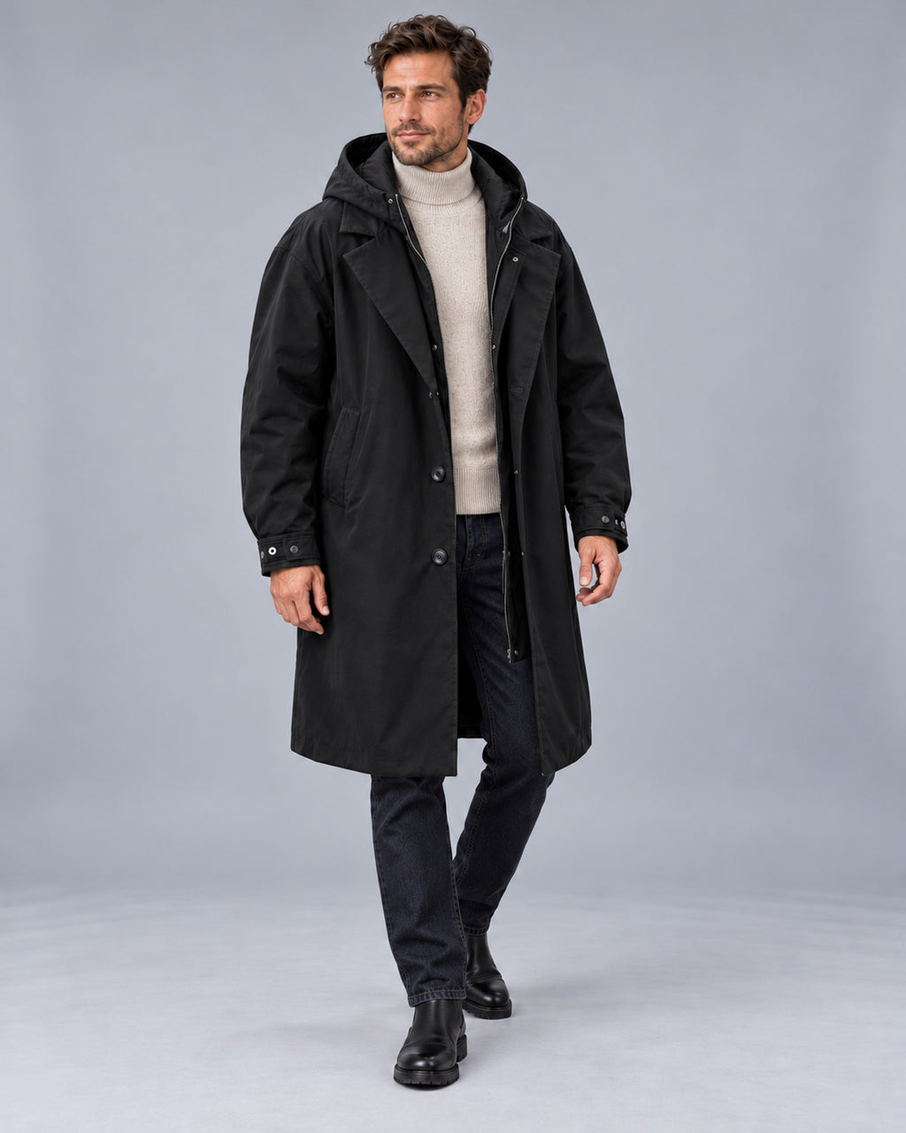 Men's Hooded Longline Trench Coat with Lapel Collar — Black Angle, Male Model A