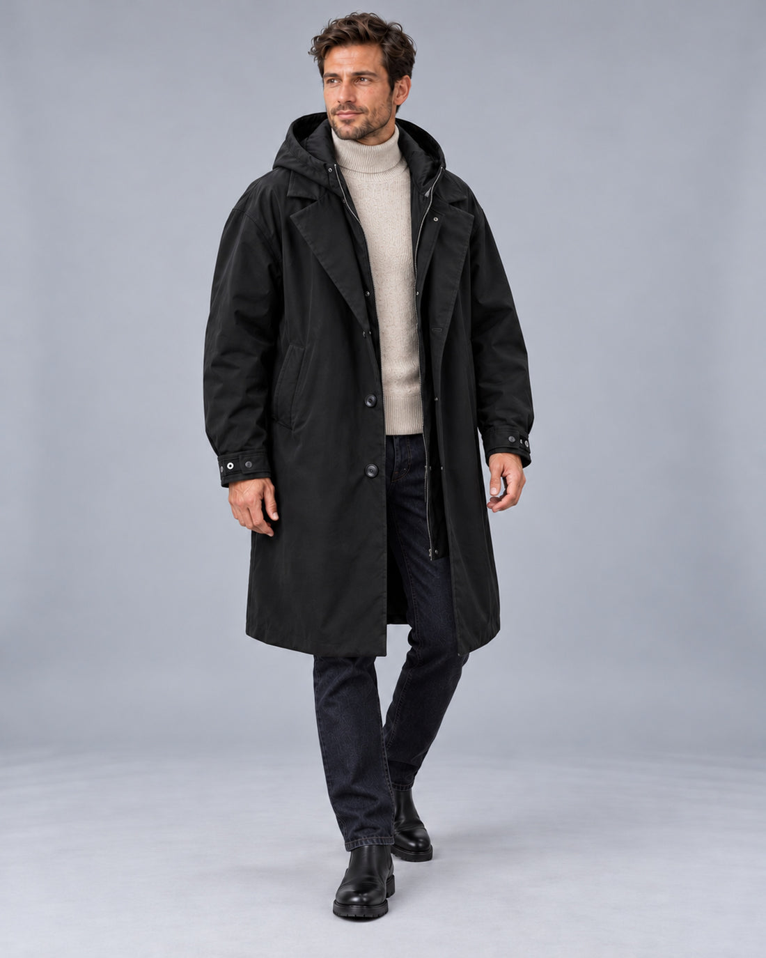 Men's Hooded Longline Trench Coat with Lapel Collar — Black Angle, Male Model A