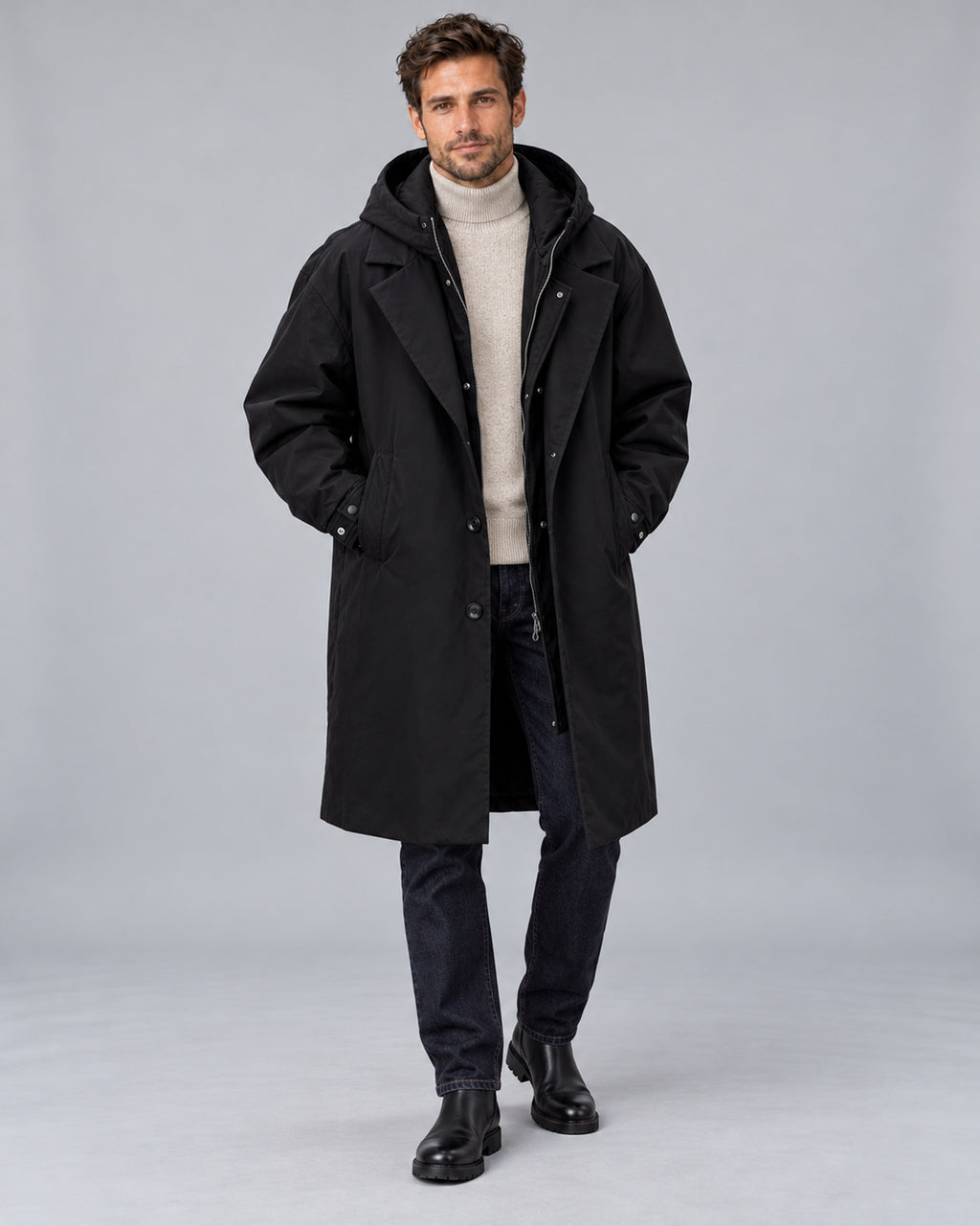 Men's Hooded Longline Trench Coat with Lapel Collar — Black Front, Male Model A
