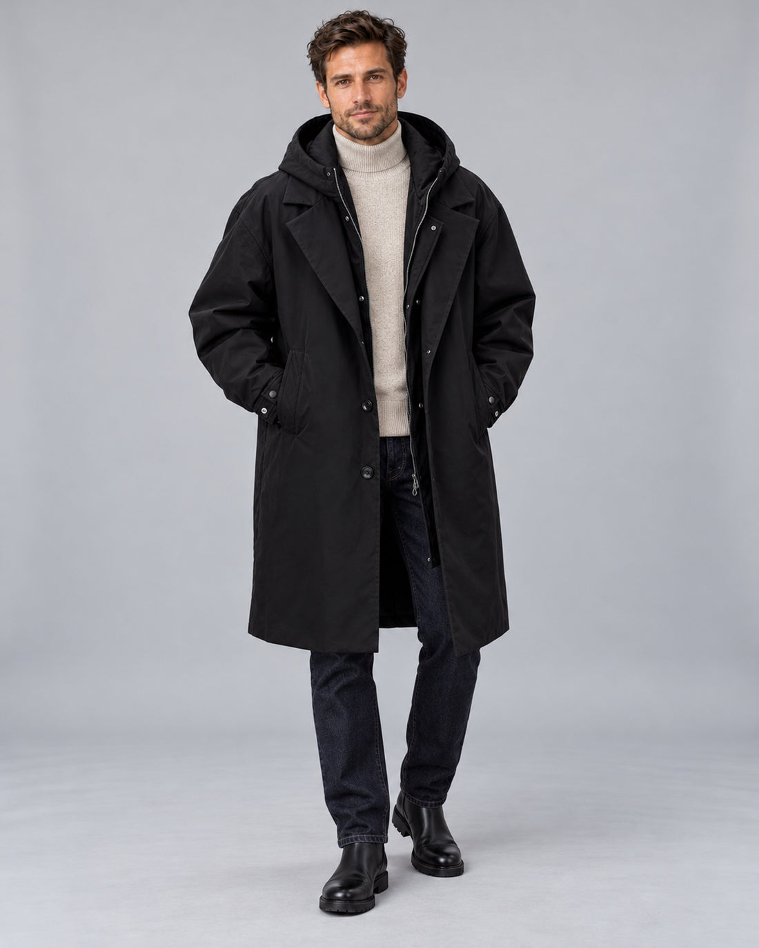 Men's Hooded Longline Trench Coat with Lapel Collar — Black Front, Male Model A