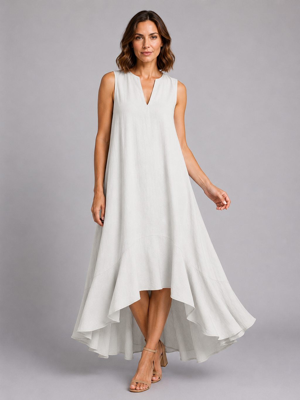 Woman wearing white sleeveless V-neck flowy maxi dress with asymmetrical hem and tan sandals