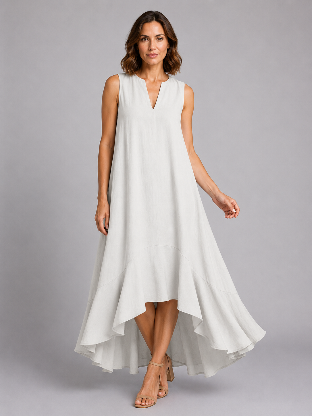 Woman wearing white sleeveless V-neck flowy maxi dress with asymmetrical hem and tan sandals