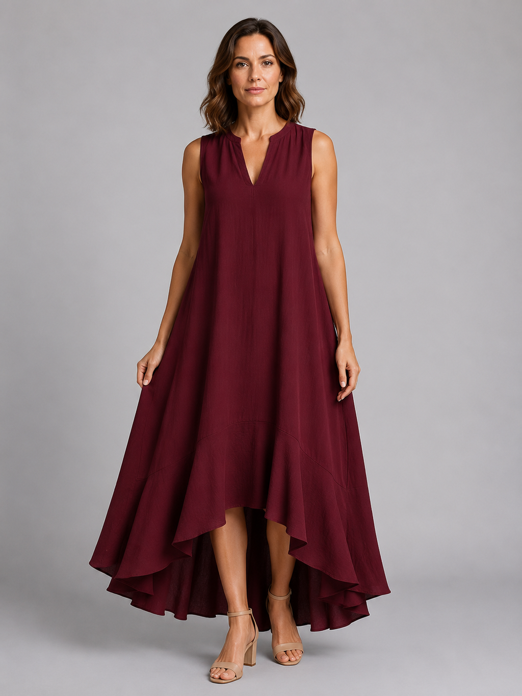 Woman wearing burgundy sleeveless V-neck maxi dress with asymmetrical high-low hem and tan sandals