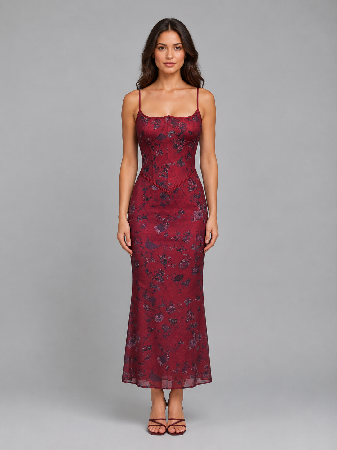Woman wearing burgundy floral maxi dress with thin straps and lace-up back detail, paired with black sandals