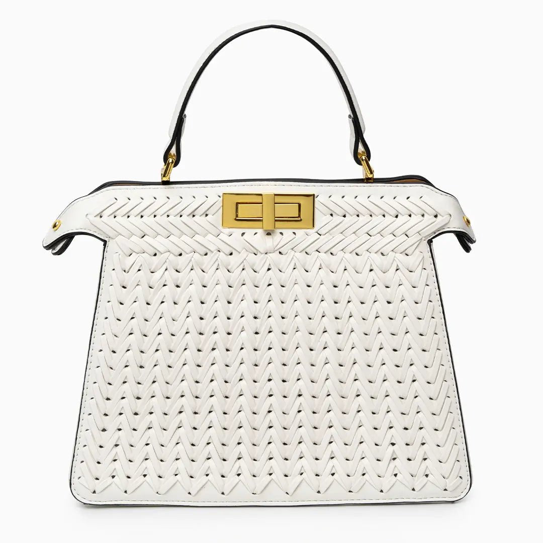 Laurel | Woven Tan Leather Handbag-Handbag-Urban Devyne-White-Urban Devyne